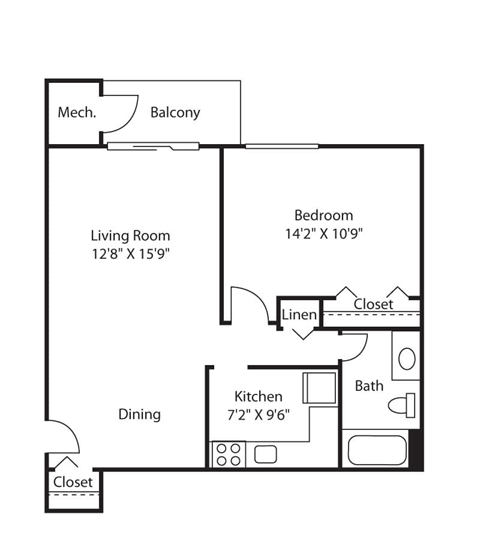 Floor plan for 1 bed, 1 bath, 650 sqft